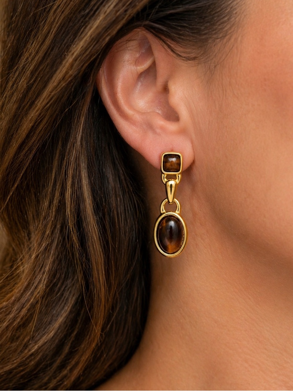 Anne Klein Gold Tone Tiger’s Eye Drop Earrings Vintage